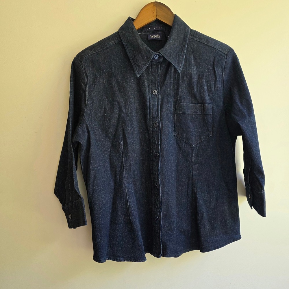 Y2K‎ VTG Womens Dark Wash Denim Western Button Down Shirt Stretch 3/4 Sleeve M